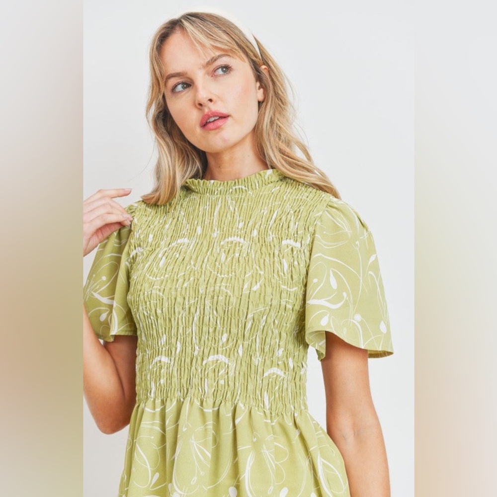 Smocked High-Neck Green Printed Women's Top